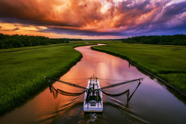 Boat on a Sunset River through Green Plains - Sea, Lakes & Water / Sky, Stars & Sunsets wallpaper