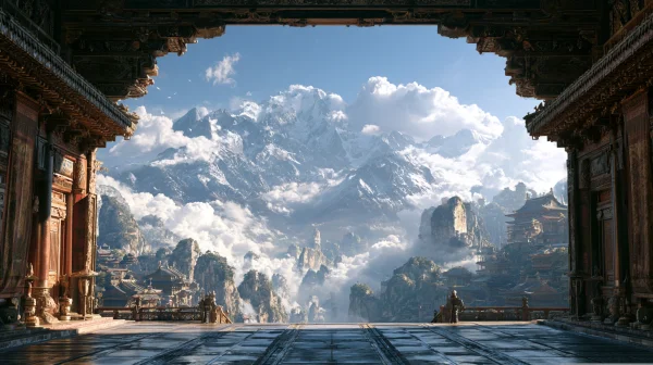 Stone Terrace over Clouds and Snow Peaks - Nature & Landscape wallpaper