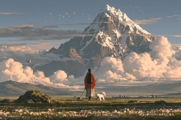 雪山を望む旅人と小鳥たち - 朝の青 - 自然・風景 / イラストの壁紙