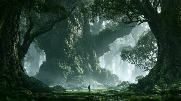 Misty Giant-Tree Forest and a Tiny Traveler - Nature & Landscape wallpaper