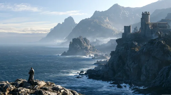 海の崖に立つ旅人と遠い岬の壁紙 - ファンタジー・宇宙 / 海・湖・水辺
