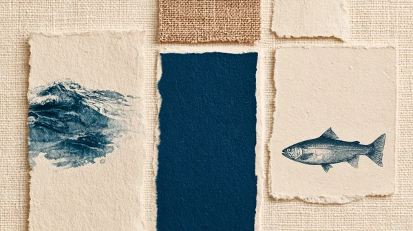 和紙のコラージュに描かれた青い魚の壁紙 - 動物 / ミニマル・抽象