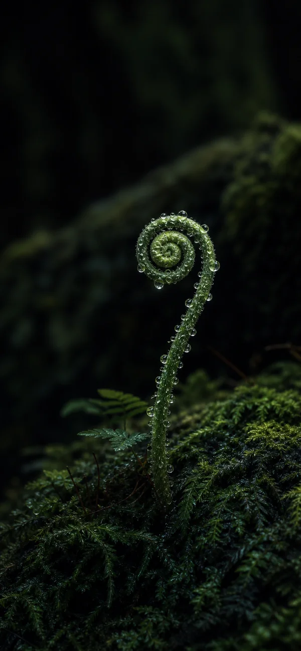 苔の上でほどける若いシダ - グリーン スマホ - 花・植物の壁紙