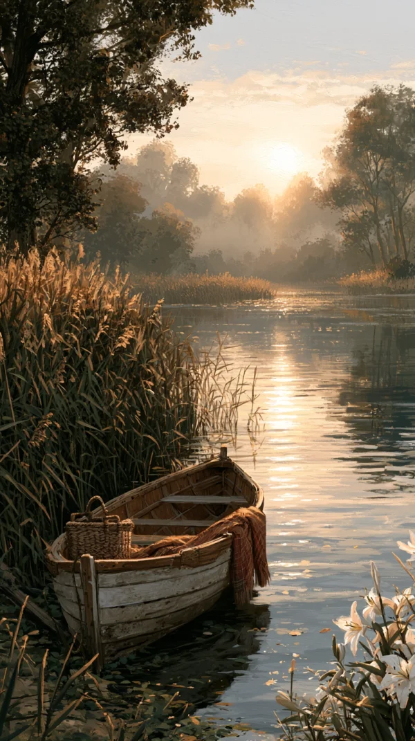 Sun-Lit Reedy River with a Small Boat - Sea, Lakes & Water / Sky, Stars & Sunsets wallpaper