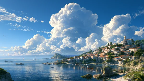 Towering Clouds over a Seaside Town - Architecture & Cities / Sea, Lakes & Water wallpaper