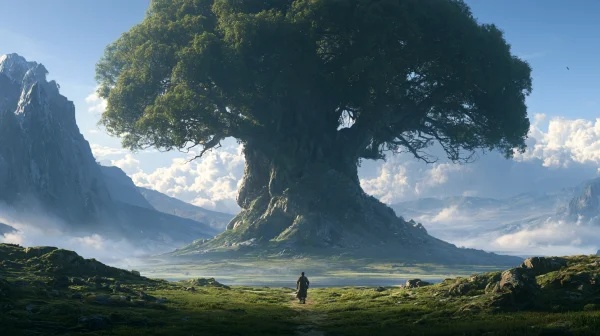 草原にそびえる巨大な一本の樹の壁紙 - 自然・風景