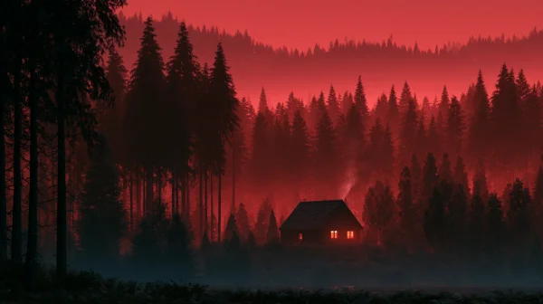 赤い空と暗い森の小屋の灯りの壁紙 - 自然・風景