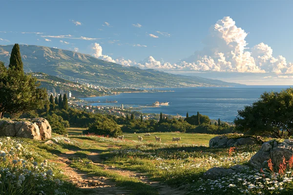 Green Hills Meeting the Blue Sea - Sea, Lakes & Water / Nature & Landscape wallpaper