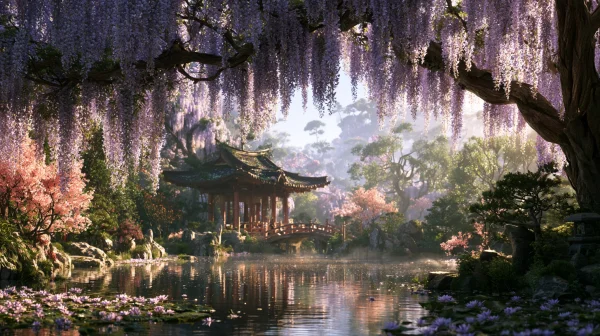 藤の花が垂れる東洋風の庭園の壁紙 - 花・植物