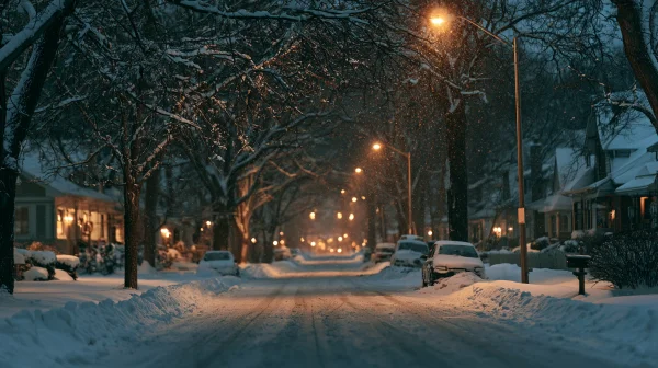 街灯がともる雪の夜の並木道の壁紙 - 自然・風景 / 建築・都市