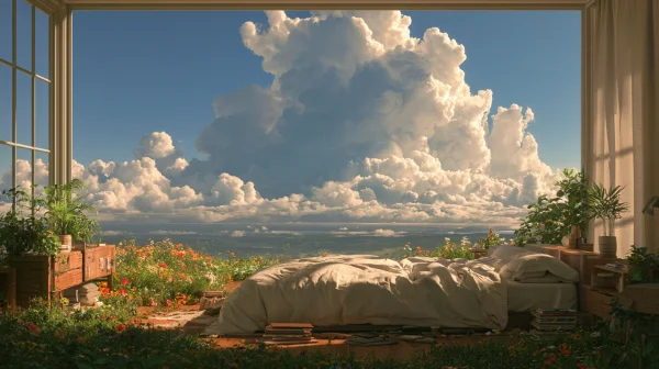 草原に浮かぶ大きな雲とベッドの壁紙 - 自然・風景