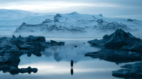 Lone Figure on a Still Icy Lake - Sea, Lakes & Water wallpaper