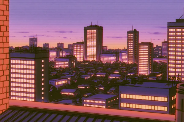 夕焼けに染まるアニメ調の街並みの壁紙 - ファンタジー・宇宙 / 建築・都市