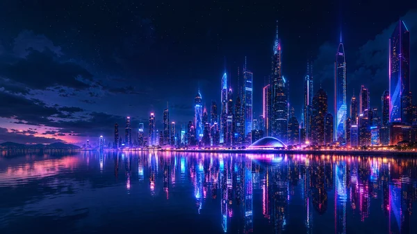 Futuristic City Lights on the Water - Blue 4K - Architecture & Cities / Sea, Lakes & Water wallpaper