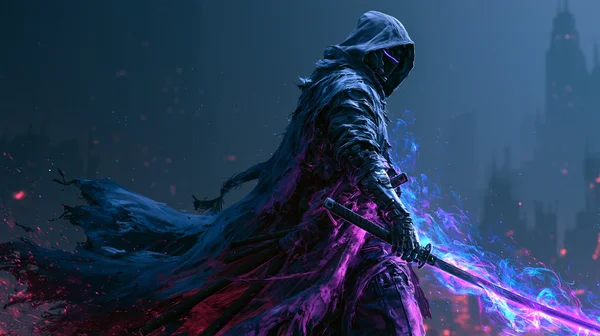 A Hooded Traveler Wielding a Blue Blade - Blue Full HD - Fantasy & Space wallpaper