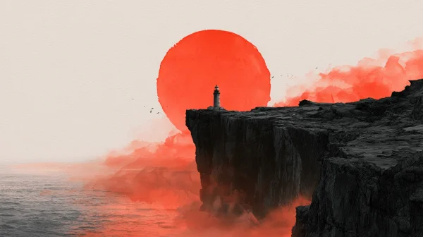 Illustration of a Figure on a Cliff before a Red Sun - Illustration wallpaper