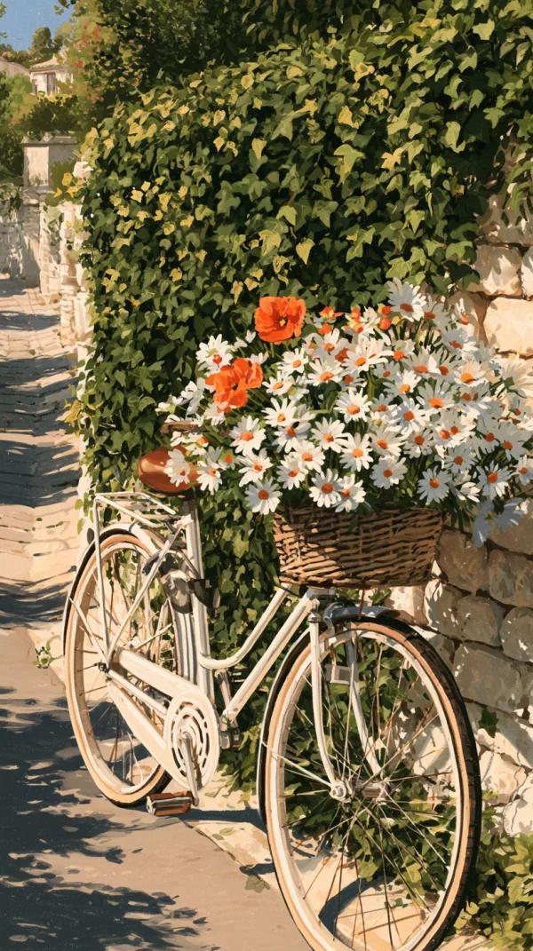 Daisies and Poppies Overflowing a Bicycle Basket - Flowers & Plants / Life & Food wallpaper
