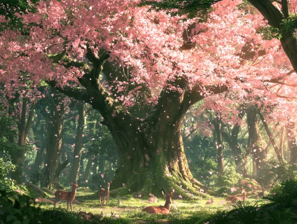 桜の大樹と森の動物たち - イラスト / 自然・風景の壁紙