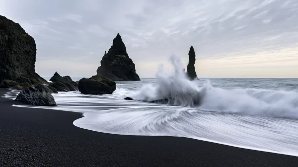 白波が砕ける黒砂の海岸と海食柱の壁紙 - 海・湖・水辺