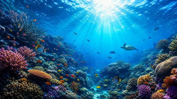 珊瑚礁を泳ぐウミガメと魚たち - ブルー 4K - 海・湖・水辺 / 動物の壁紙
