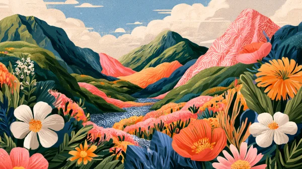 Illustrated Colorful Mountains and Flowers - Minimal & Abstract / Flowers & Plants wallpaper