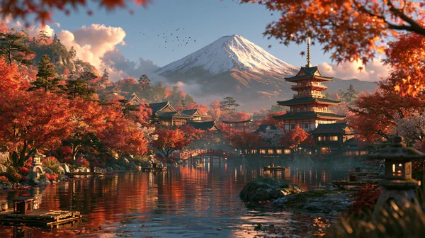 紅葉に包まれた五重塔の夕景 - オレンジ 4K - 世界遺産・遺跡 / 空・星空・夕景の壁紙