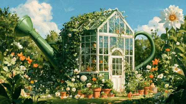 Ivy-Covered Glasshouse and Watering Can - Flowers & Plants wallpaper