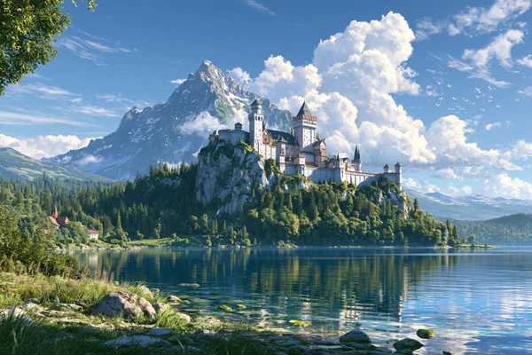 A Fantasy Castle Rising Above a Mountain Lake - Blue 4K - Fantasy & Space wallpaper