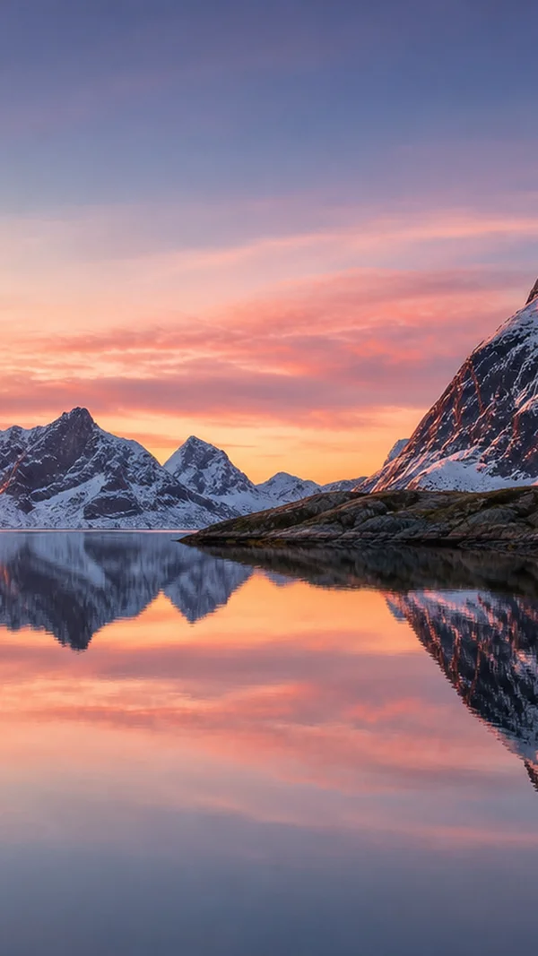 Sunset Coloring Snow Peaks Over a Mirrored Fjord - Red Phone - Nature & Landscape / Sea, Lakes & Water wallpaper