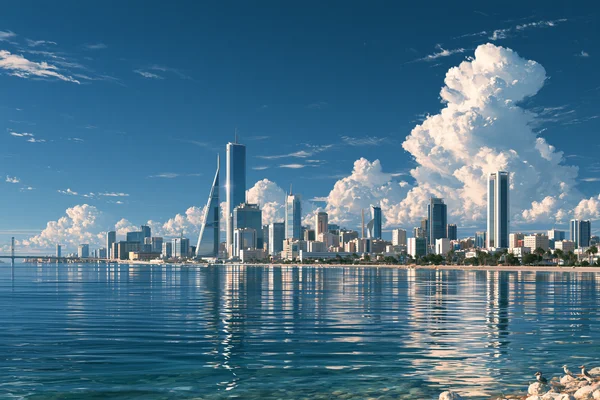 水辺にそびえる高層都市 - 建築・都市の壁紙