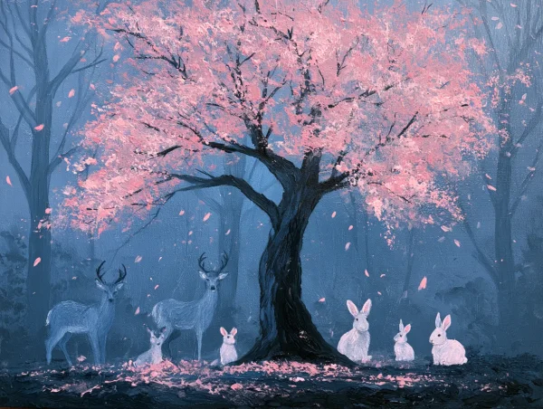 宵闇の桜と白い鹿 - イラスト / 動物の壁紙