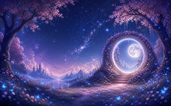 A Moon Gate Framed by Cherry Blossoms - Blue 4K - Fantasy & Space / Sky, Stars & Sunsets wallpaper