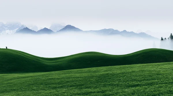 霧にかすむ緑の丘と遠い山の壁紙 - 自然・風景