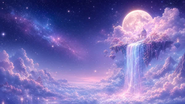 A Temple on a Floating Island with a Waterfall - Blue 4K - Fantasy & Space / Sea, Lakes & Water wallpaper
