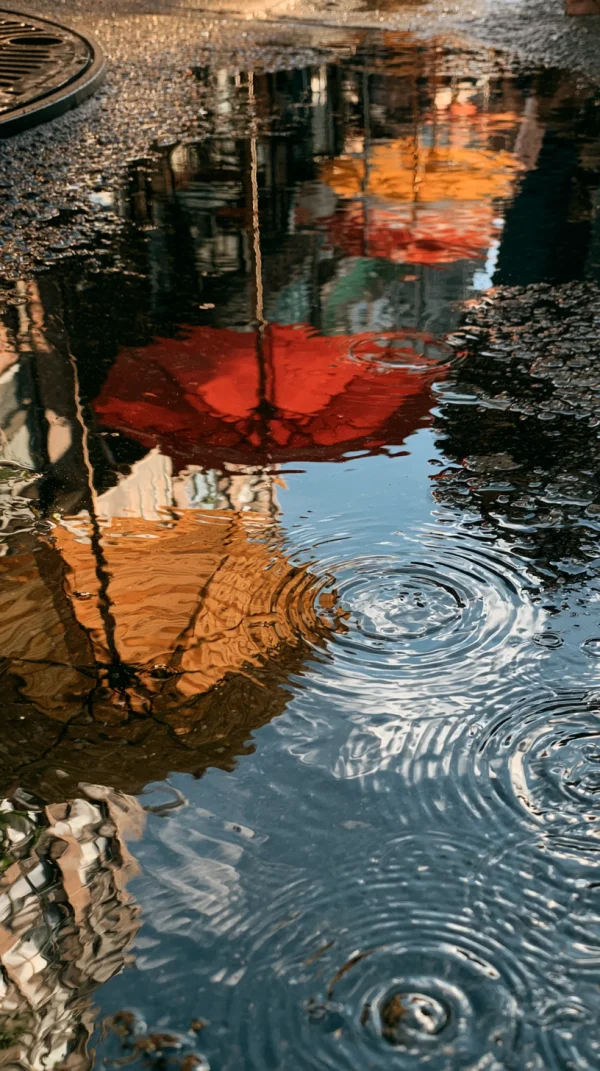 Rain Puddle Reflecting Awnings and Umbrellas Accidental Obserの壁紙 - 自然・風景