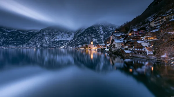 Snowy Town in a Blue Dusk Reflected in a Lake - Architecture & Cities / Sea, Lakes & Water wallpaper