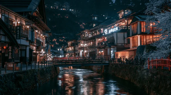 灯り揺れる温泉街の夜 - オレンジ フルHD - 建築・都市の壁紙