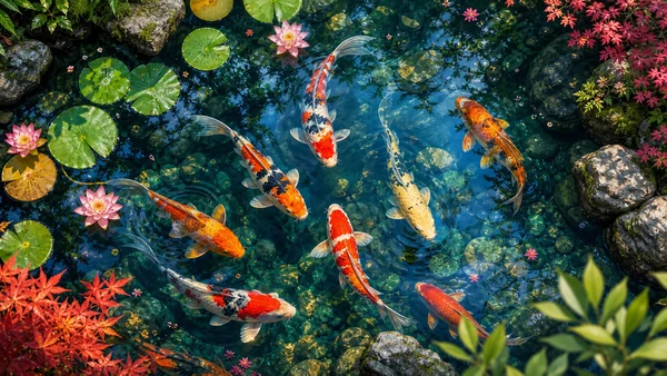 Koi Swimming Beneath Floating Maple Leaves - Blue 4K - Fantasy & Space / Sea, Lakes & Water wallpaper