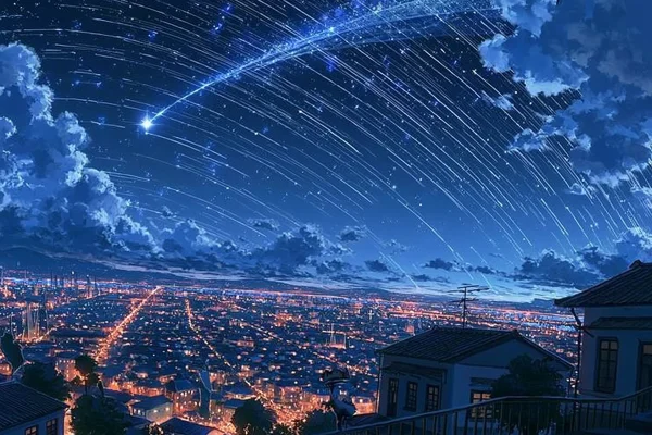 流星が降る夜空と街の灯りの壁紙 - 空・星空・夕景 / 建築・都市