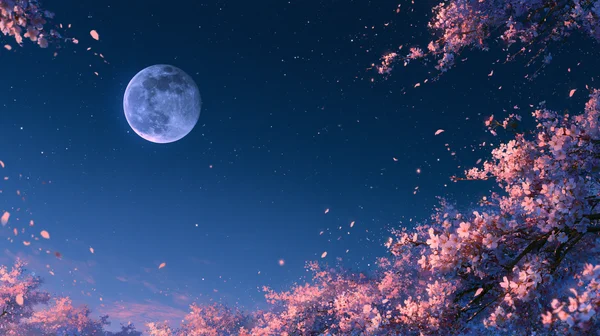 満月と夜桜が彩る幻想の空 - ピンク フルHD - ファンタジー・宇宙 / 空・星空・夕景の壁紙