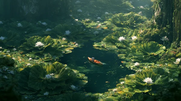 睡蓮が浮かぶ池を進む小さな舟の壁紙 - 海・湖・水辺 / 花・植物