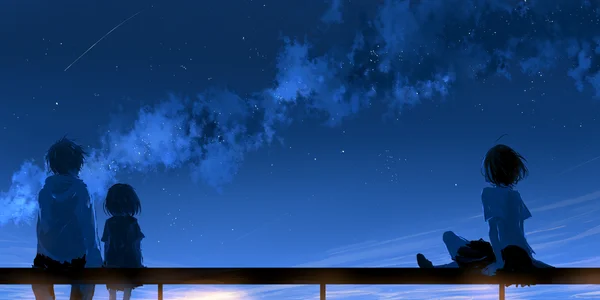 手すりに並んで眺める満天の星 - 青 4K - ファンタジー・宇宙 / 空・星空・夕景の壁紙