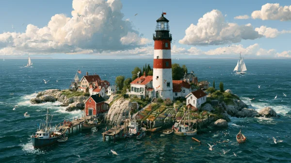 Red-and-White Lighthouse and Houses on an Island - Architecture & Cities wallpaper