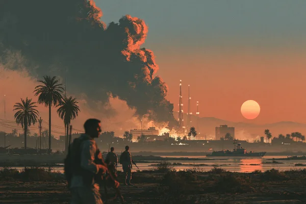 Figures on a Shore Beneath a Burning Sky - Fantasy & Space / Sea, Lakes & Water wallpaper