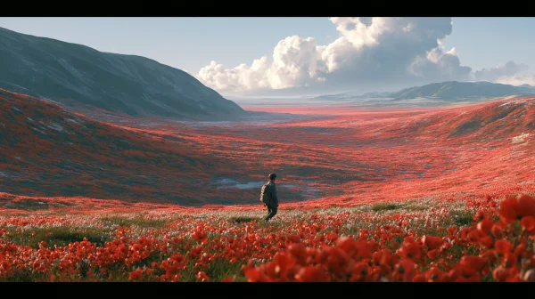 赤い花畑を歩く人と遠い丘の壁紙 - 自然・風景 / 花・植物