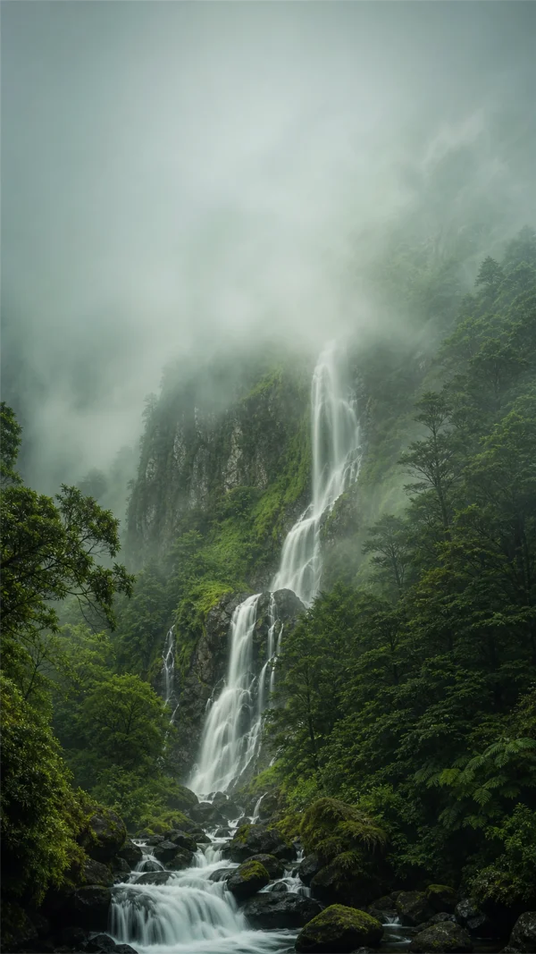 緑深い渓谷に落ちる一筋の滝 - グリーン スマホ - 海・湖・水辺 / 自然・風景の壁紙