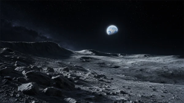 月面の岩場から見る地球の出 - モノクロ 4K - ファンタジー・宇宙の壁紙