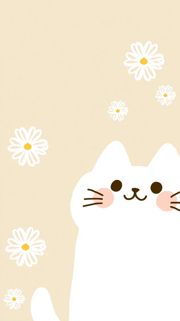 A White Cat Among Daisies - Yellow Mobile - Cute / Illustration wallpaper