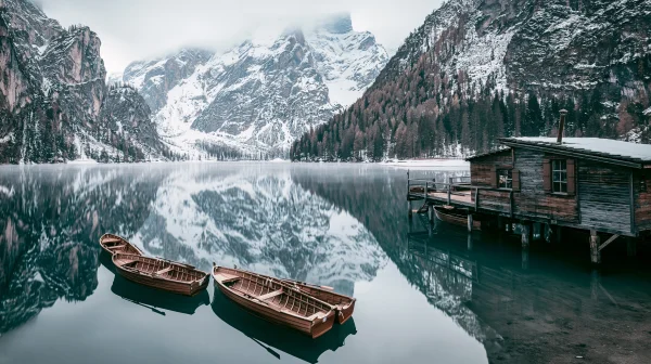 ボートが浮かぶ雪山の湖と山小屋の壁紙 - 自然・風景 / 海・湖・水辺