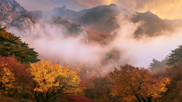 紅葉と朝霧に包まれた山の壁紙 - 自然・風景